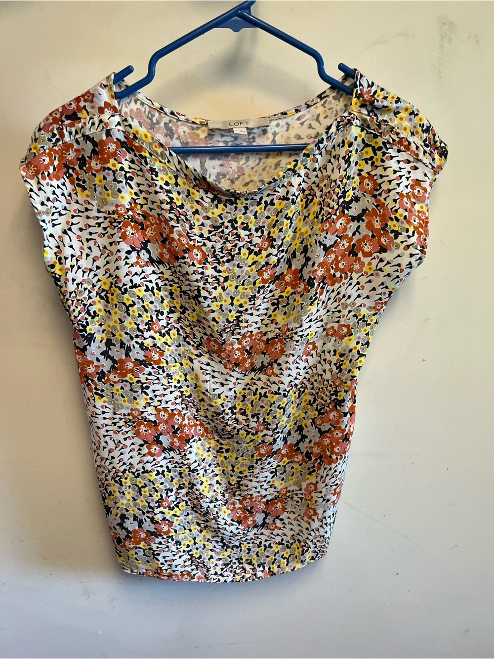 LOFT White Floral Cap-Sleeve Blouse with Orange and Yellow Flowers